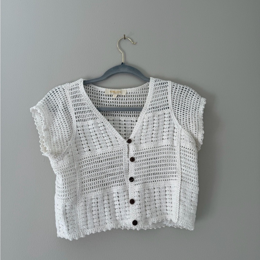 White Crochet Button-Up Top